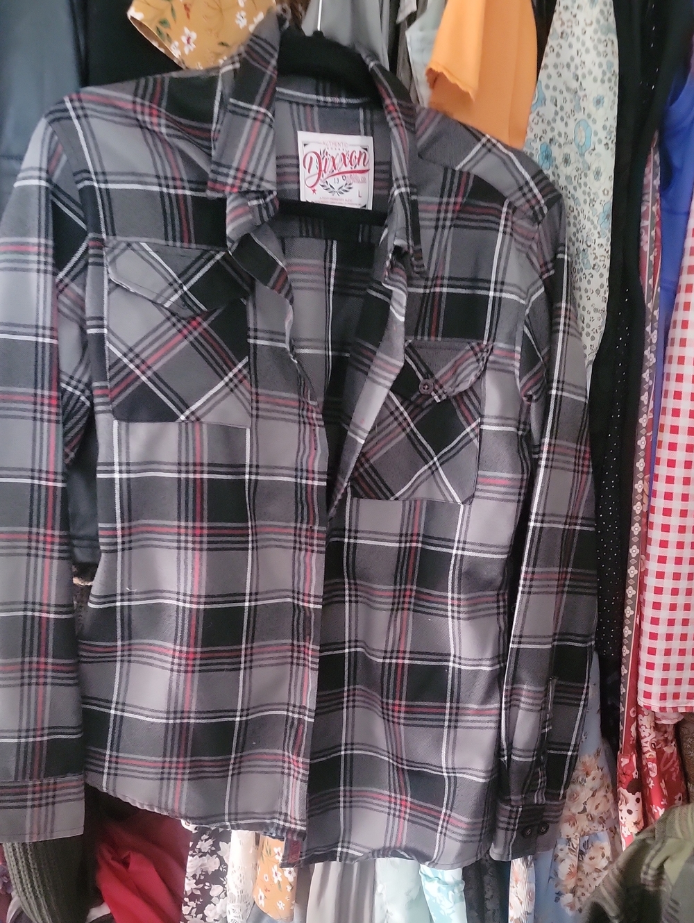 DIXXON Black and Gray Plaid Button-Up Shirt with Subtle Red Accents